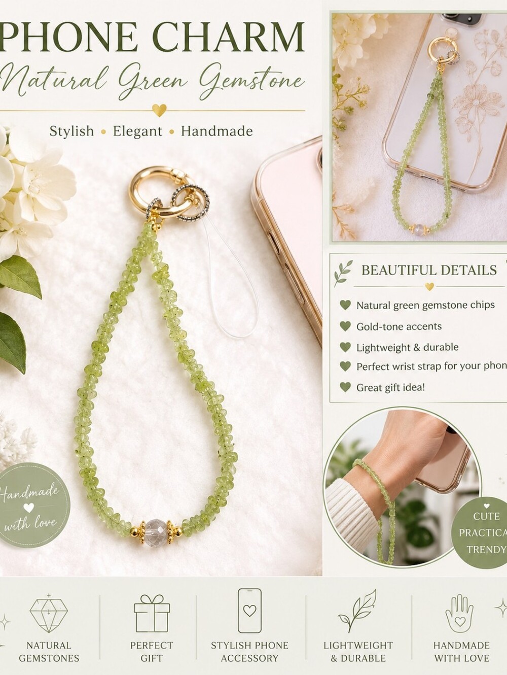 ✨ Natural Green Gemstone Phone Charm | Handmade Beaded Wrist Strap | Gold Accent
